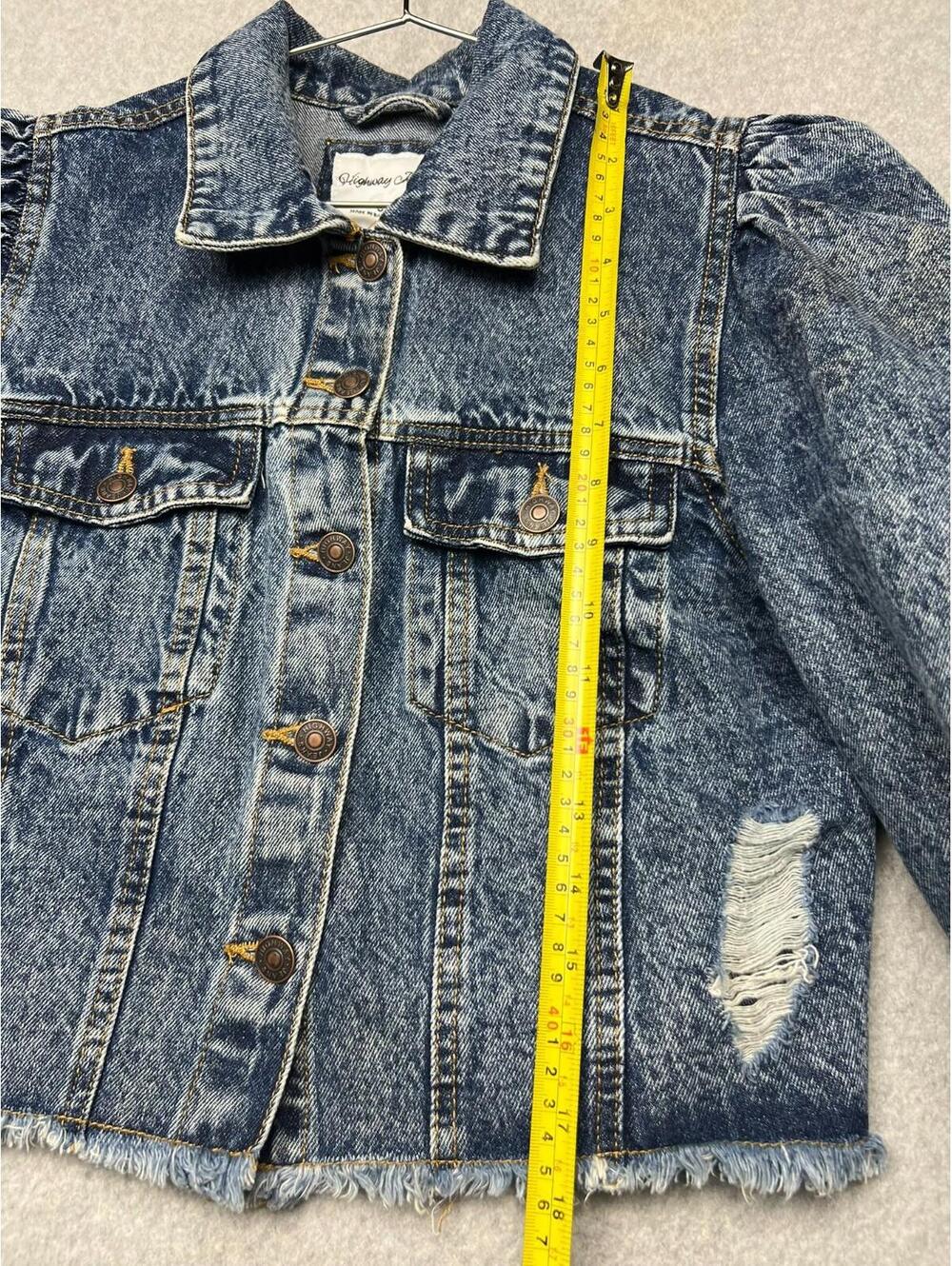 Highway Jeans Jacket Denim Puffed Sleeves Ripped Distressed Crop S USA Med Wash - Picture 3 of 7